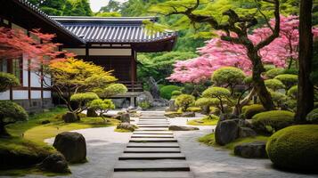 ai generiert ein Zen Tempel Garten mit beschwingt Grün und Blumen. generativ ai foto