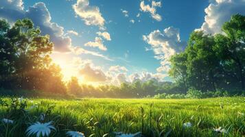 ai generiert hell Sonnenlicht durch Wolken auf grasig Feld foto