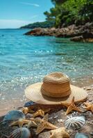 ai generiert ein Stroh Hut auf sandig Strand foto