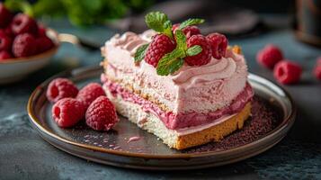 ai generiert Kuchen mit Himbeeren auf Teller foto