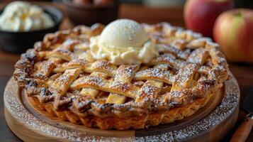 ai generiert köstlich Kuchen mit ein Scoop von Eis Sahne foto