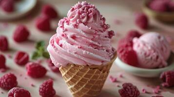 ai generiert schließen oben von Eis Sahne Kegel mit Himbeeren foto