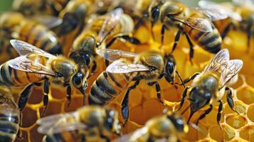 ai generiert Gruppe von Bienen auf Honig Kamm foto