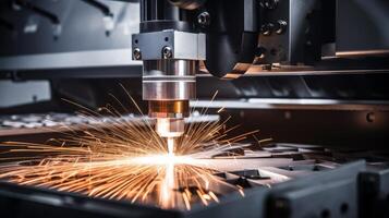 ai generiert ein Laser- Schneiden Maschine Erstellen präzise schneidet im Metall. generativ ai foto