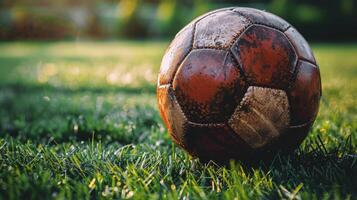 ai generiert Fußball Ball auf üppig Grün Feld foto