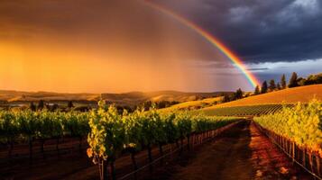 ai generiert Regenbogen leuchten friedlich Weinberg. generativ ai foto