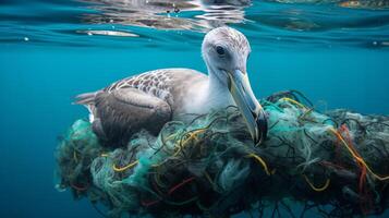 ai generiert Seevogel verstrickt im Plastik Angeln Netz zeigen Plastik Verschmutzung Auswirkung. generativ ai foto