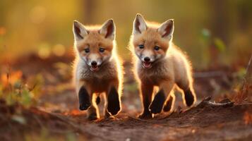 ai generiert bezaubernd rot Fuchs Welpen beim spielen. generativ ai foto