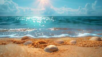 ai generiert Seestern und Muscheln auf sandig Strand foto