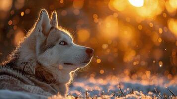 ai generiert heiser Hund Verlegung im Schnee beim Sonnenuntergang foto