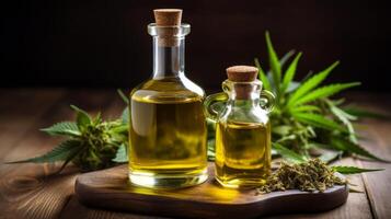 ai generiert mit Cannabis angereichert Olive Öl im ein Flasche. generativ ai foto