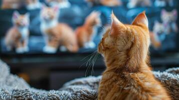 ai generiert Orange Katze Aufpassen Fernseher auf Couch foto