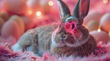 ai generiert Hase tragen Herz geformt Brille unter Rosa Gefieder foto