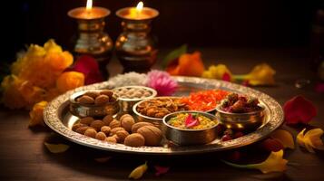 ai generiert dekoriert Diwali Puja Thali mit Angebote. generativ ai foto