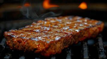 ai generiert Steak Kochen auf Grill mit Rauch foto