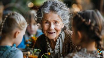 ai generiert älter Frau Sitzung mit zwei jung Mädchen foto