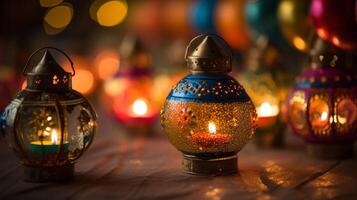 ai generiert Diwali Dekorationen mit glühend Laternen. generativ ai foto