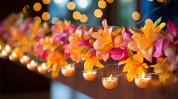 ai generiert Diwali Dekorationen mit Blumen- Girlanden. generativ ai foto