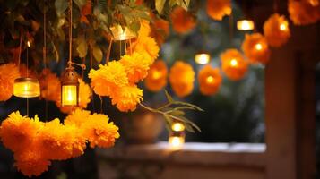 ai generiert Diwali Dekorationen mit Ringelblume Girlanden. generativ ai foto