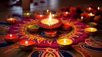 ai generiert Diwali Dekorationen mit beschwingt Rangoli. generativ ai foto