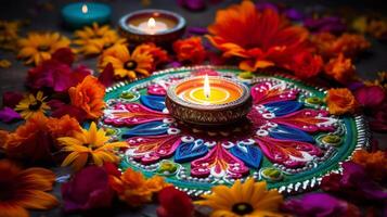 ai generiert Diwali Dekorationen mit beschwingt Blumen- Rangoli. generativ ai foto
