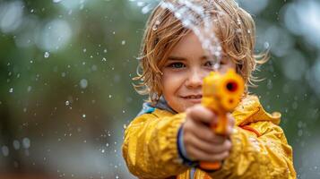 ai generiert wenig Junge halten Spielzeug Gewehr im Regen foto