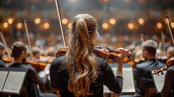 ai generiert Frau spielen Violine beim Konzert foto