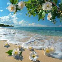 ai generiert Strand mit Blumen und Wasser foto