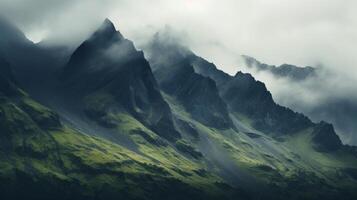 ai generiert launisch Berg Landschaft mit Nebel bedeckt Spitzen. generativ ai foto