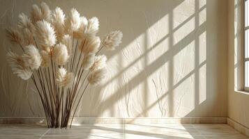 ai generiert Vase überfüllt mit Weiß Blumen durch Fenster foto