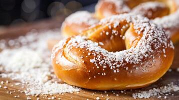 ai generiert ein Nahansicht von ein bayerisch Sanft Brezel bedeckt im Salz. generativ ai foto