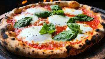 ai generiert ein Nahansicht von ein rustikal, holzbefeuert Margherita Pizza. generativ ai foto