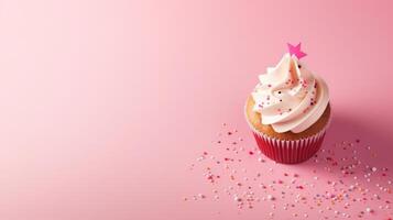 ai generiert ein Cupcake und Konfetti Rosa Hintergrund zum ein festlich Stimmung. generativ ai foto