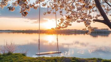 ai generiert ein Weiß Seil schwingen hängt auf ein blühen Rosa Sakura Ast foto