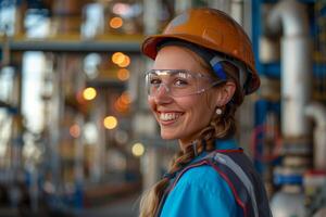 ai generiert Porträt von ein weiblich Ingenieur glücklich inspizieren ein Öl Raffinerie, gekleidet im ein Konstruktion Helm und Blau Weste. foto
