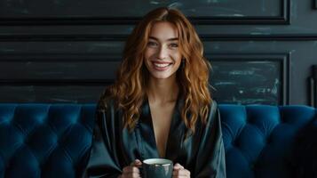 ai generiert jung schön Frau im schwarz Seide Kleid genießt Kaffee auf dunkel Blau Sofa, lächelnd spielerisch beim Kamera foto