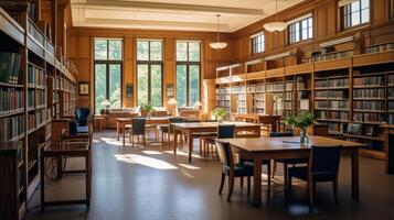 ai generiert ein Bibliothek Innere mit hölzern Bücherregale und Studie Tische. generativ ai foto
