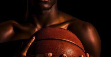 ai generiert Basketball Spieler tragen Uniform halten ein Basketball Ball foto