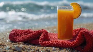 ai generiert Orange Saft und ein rot Handtuch auf ein Strand Hintergrund während Sommer- foto