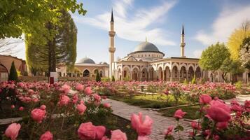 ai generiert ein friedlich Garten mit Blühen Blumen im ein Moschee. generativ ai foto