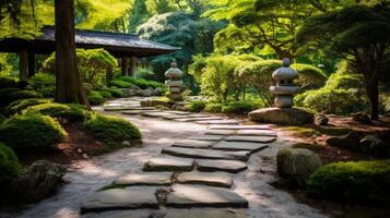 ai generiert ein friedlich Meditation Garten mit ein Stein Weg. generativ ai foto