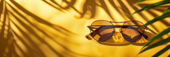 ai generiert Sommer- Sonnenlicht Abgüsse Palme Blatt Schatten Über Sommer- Sonnenbrille auf ein sonnig Gelb Hintergrund foto