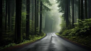 ai generiert ein Straße durch ein neblig, atmosphärisch Wald. generativ ai foto