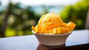 ai generiert ein Scoop von Mango Sorbet im ein tropisch Paradies. generativ ai foto