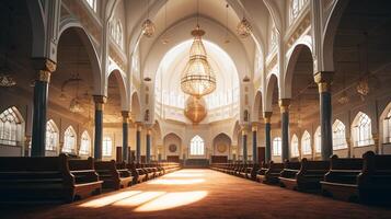 ai generiert ein heiter Aussicht von ein Moschee gewölbt Innere. generativ ai foto