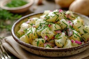 ai generiert Schüssel von Kartoffel Salat auf Tabelle foto