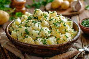 ai generiert hölzern Schüssel gefüllt mit Kartoffel Salat auf Tabelle foto