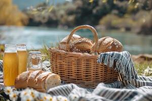 ai generiert Picknick mit Brot und Bier auf ein Decke foto