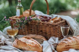 ai generiert Picknick mit Brot und Bier auf ein Decke foto