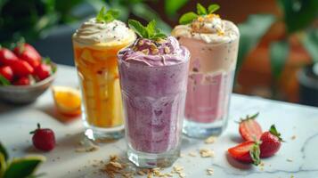 ai generiert drei Obst Smoothies mit Erdbeeren, Orangen, und Blaubeeren foto